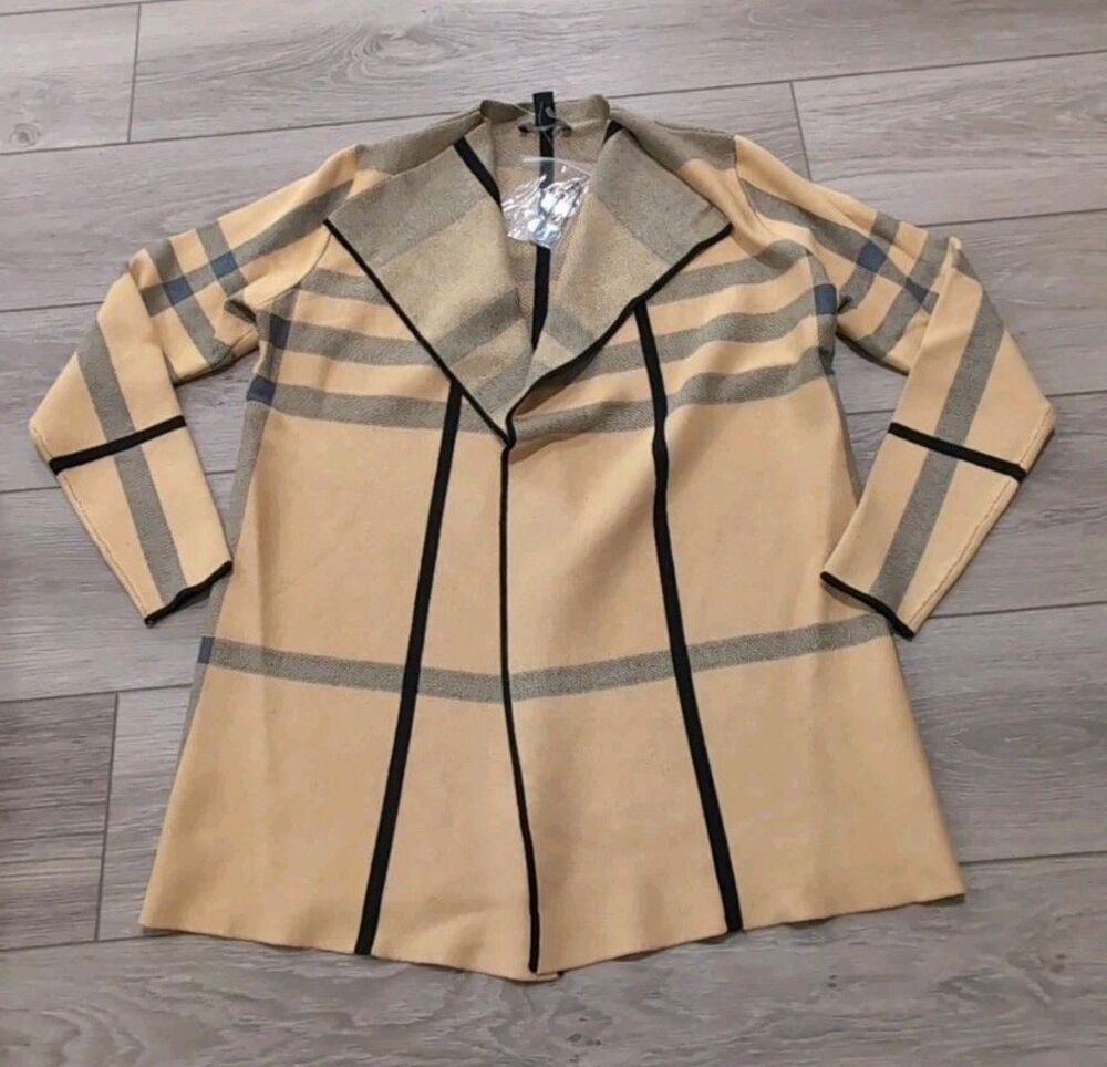 ALISON SHERI PLAID OPEN FRONT CARDIGAN W/PIN BEIGE/BLACK WOMENS SZ SMALL Petite